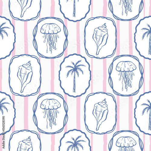 Tropical nautical pattern, summer Italy vacation mood. Retro palm trees, sardines, jellyfish in the frames. Mediterranean wallpaper, cute hand drawn design, textile, blue background