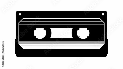 A black and white illustration of a cassette tape with two circular spools and horizontal lines design