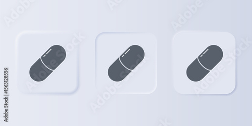 Grey Medicine pill or tablet icon isolated on grey background. Capsule pill and drug sign. Pharmacy design. Set icons in square buttons. Vector