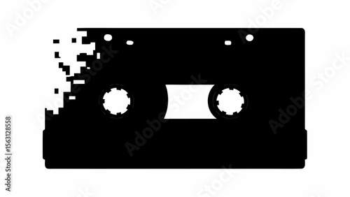Black cassette tape with pixelated edge detail on a white background in a simple graphic style design