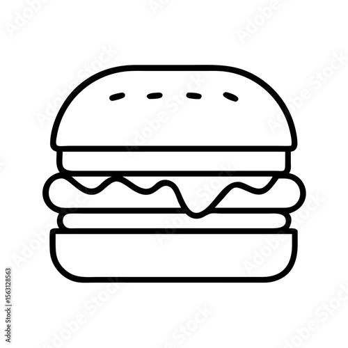 Monochrome Cartoon Burger Illustration with Toasted Buns and Melted Cheese