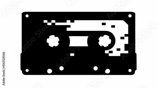A black and white illustration of a cassette tape with pixelated details and visible spools on a white background