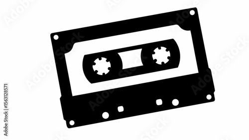 Black and white graphic illustration of a cassette tape with a retro and vintage aesthetic design