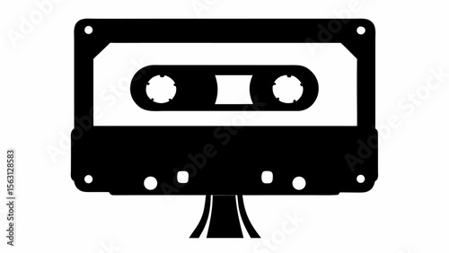 Black and white illustration of a cassette tape with a stand supporting it, simple and minimalist design