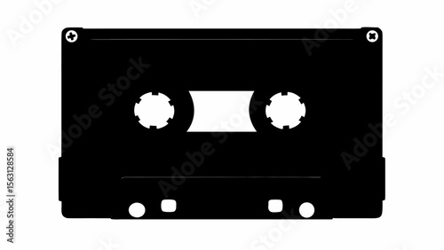 Illustration of a black audio cassette tape with screws in the corners and white details on a white background