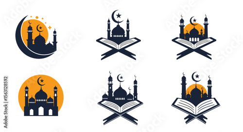 Islamic mosque and crescent moon with holy book designs collection for religious and cultural celebrations