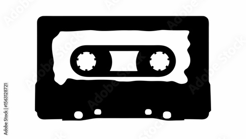 Silhouette of a compact cassette tape with visible reels and a blank label area on a white background