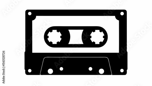 A black and white illustration of a cassette tape with visible spools and a rectangular body design