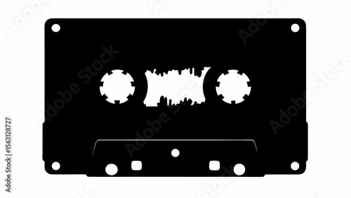 Black silhouette of an audio cassette tape with two spools and a rectangular window in the center