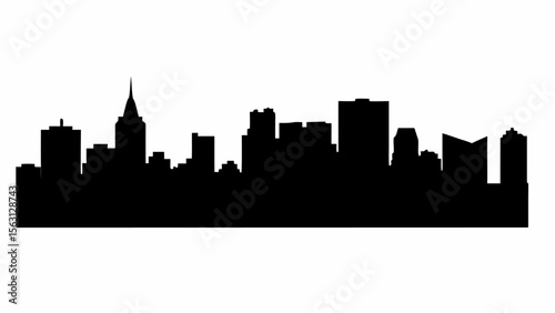 Silhouette of a city skyline with various buildings and structures against a white background in monochrome