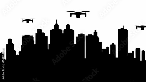 Silhouette of city skyline with various buildings and three drones flying above the cityscape at daytime