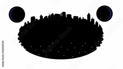 Silhouette of a cityscape at night with two moons and scattered stars creating a serene atmosphere