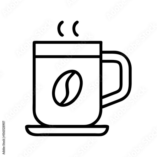 Stylized illustration of a steaming coffee mug with a coffee bean design