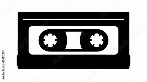 Illustration of a black and white audio cassette tape with two reels and a rectangular case design element