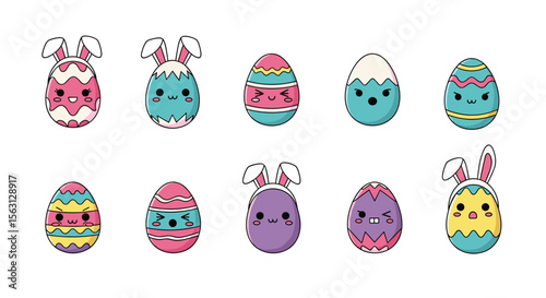 Cute kawaii easter eggs with bunny ears expressing various adorable and funny emotions for spring holiday celebrations
