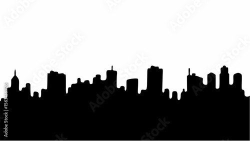 Silhouette of a cityscape with various buildings and structures against a white background view of city