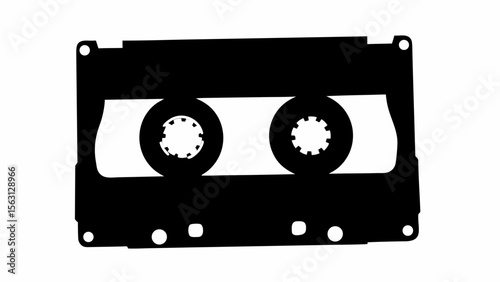 Black and white illustration of a cassette tape with two visible spools on a white background view