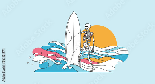 Skeleton surfer rides the waves under a setting sun a chill vibe for beach lovers