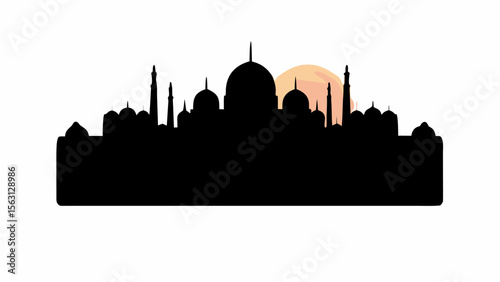 Silhouette of a mosque with domes and minarets against a sunset sky creating a peaceful atmosphere