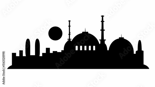 Silhouette of a cityscape with domes, towers and a prominent circle against a white background view image