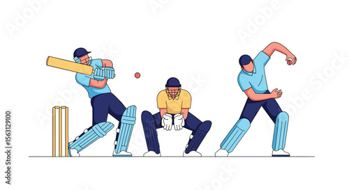 Dynamic illustration capturing key cricket match moments batting bowling and fielding action unfolding on the pitch