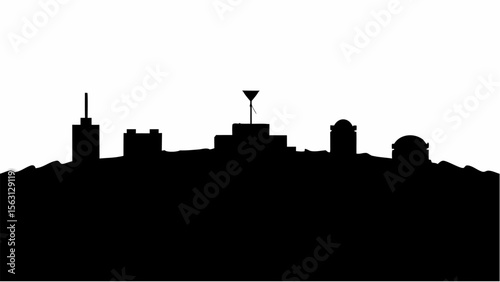 Silhouette of a cityscape with various buildings and structures against a white background in a simple style