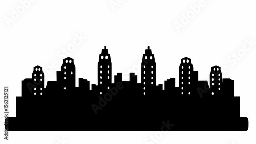 Silhouette of a cityscape with various buildings including skyscrapers and smaller structures against a white sky