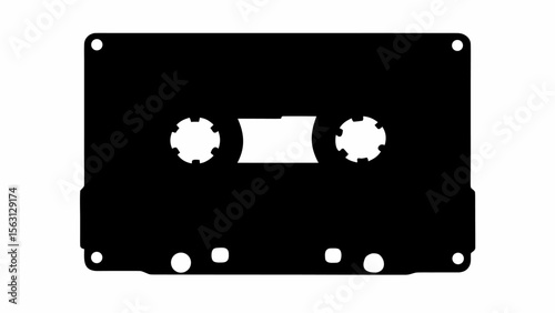 Black silhouette of a cassette tape with visible spools and rectangular shape on a white background