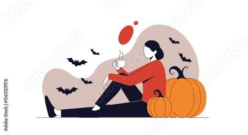 Cozy halloween season celebration with pumpkins and flying bats enjoying a warm beverage during autumn evening
