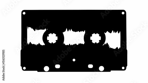 Silhouette of a cassette tape with damaged tape showing between the reels on a white background
