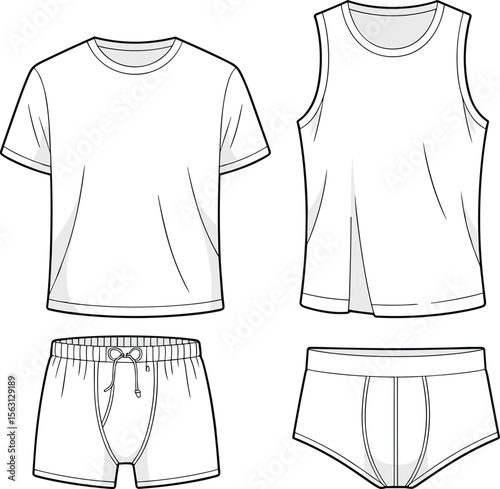 Flat lay vector illustration of men's basic apparel: a short-sleeved t-shirt, tank top, boxer shorts, and briefs, ideal for fashion design, product mockups, and e-commerce templates