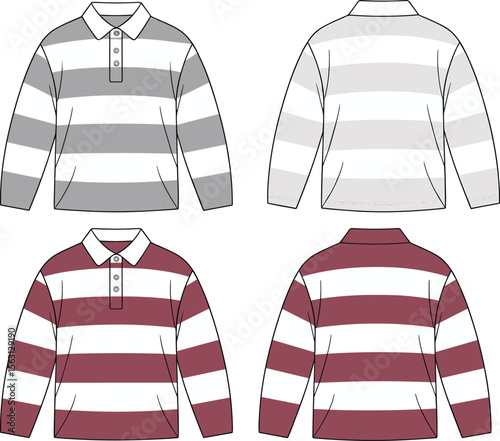  Flat lay vector illustration of men's striped long-sleeved polo shirts in two colorways, ideal for fashion design, product mockups, and e-commerce apparel templates with editable details