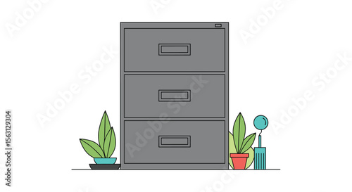 Organizing office documents with a three drawer filing cabinet and lush green plants providing a fresh ambiance