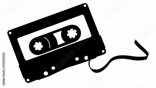 Black and white illustration of a cassette tape with exposed tape on a white background design element