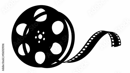 Black and white film reel with visible film strip extending from the circular reel design element here