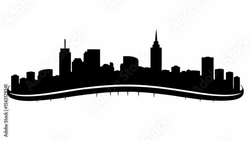 Silhouette of a city skyline with various buildings and a curved base against a white background view