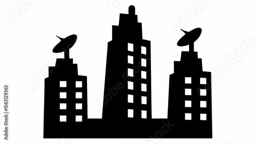 Silhouette of three buildings with satellite dishes on top against a white background rendering city view