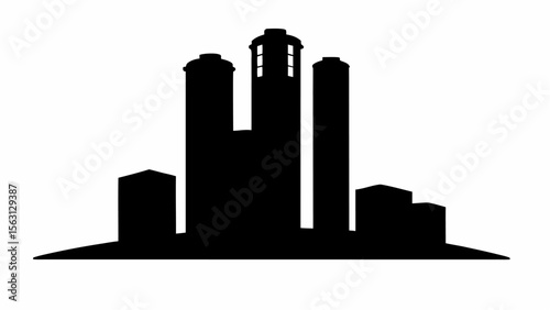 Silhouette of a city skyline with tall buildings and structures against a white background in a simple design