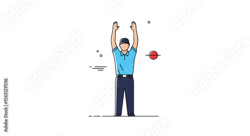 Umpire signaling six runs with arms raised high showing sportsmanship during cricket match