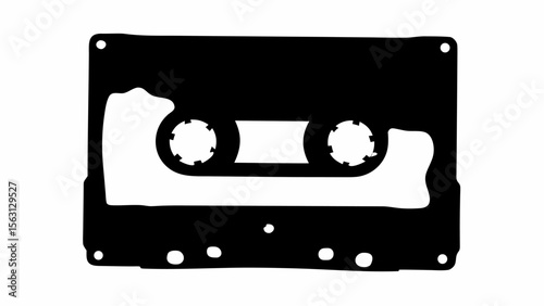 Black silhouette of a cassette tape with visible reels and tape window on a white background image view