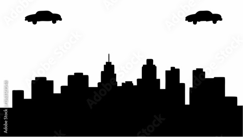 Two cars flying over a city skyline silhouette with skyscrapers and buildings in a black and white scene