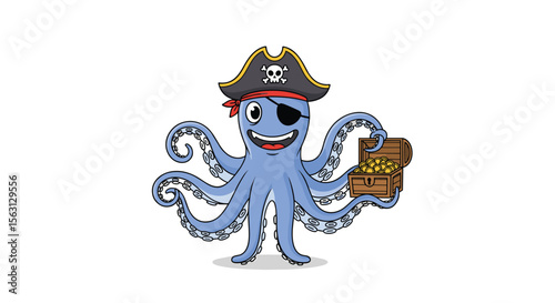 A happy blue octopus wearing a pirate hat and eye patch holding a treasure chest full of gold coins and jewels is ready for adventure on the high seas