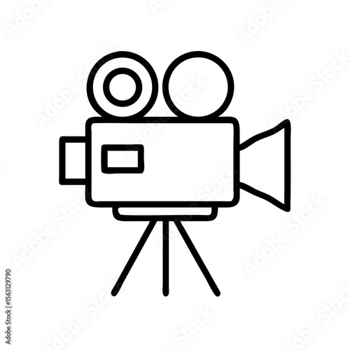 Simple line drawing illustration of a classic film or movie camera