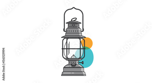 An antique kerosene lantern sits on a white background with abstract colored circles behind it