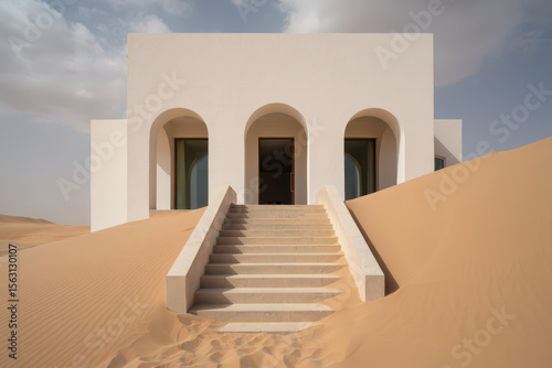 White building with arches and stairs surrounded by sand dunes under a cloudy sky in the desert