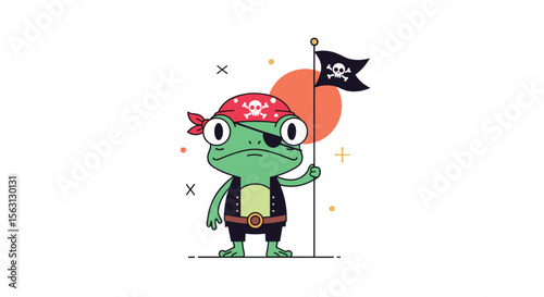 Adorable pirate frog character with eyepatch and jolly roger flag ready for adventure on the high seas