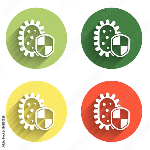 Set Shield protecting from virus, germs and bacteria icon isolated with long shadow background. Immune system concept. Corona virus 2019-nCoV. Color circle button. Vector