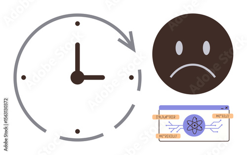 Clock with arrow, sad emoticon, and digital interface highlighting time struggles and complexity. Ideal for productivity, efficiency, time tracking, project management, deadlines, emotions simple