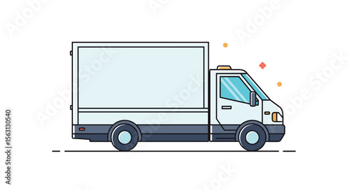 Modern flat design white box truck vehicle illustration with clean lines and minimalist aesthetic for delivery services and logistics concepts