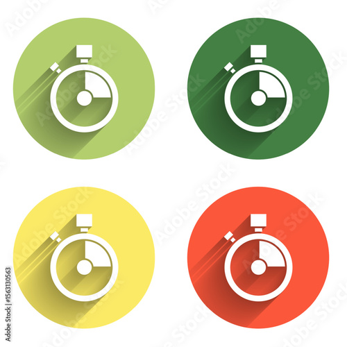 Set Fast time delivery icon isolated with long shadow background. Timely service, stopwatch in motion, deadline concept, clock speed. Color circle button. Vector